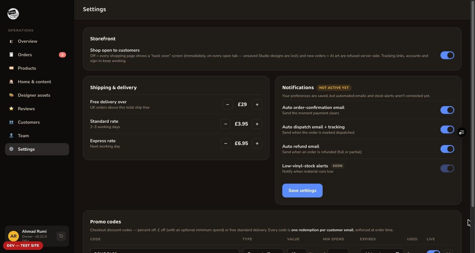 Operations settings: a switch that closes the shop to customers with a plain description of exactly what closing does, delivery thresholds and rates, notification toggles carrying an honest “not active yet” badge, and the promo-code table beneath.