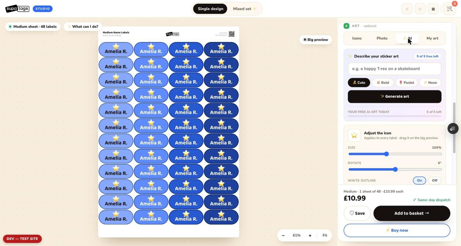 The AI art panel: a free-text field for describing sticker art, four style chips for cute, bold, pastel and neon, a generate button, and a counter showing five of five free generations left today.