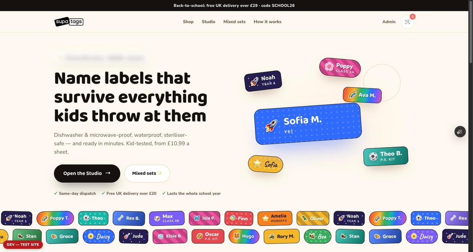 The SupaTags storefront: a headline about labels surviving what children do to them, a price from £10.99 a sheet, buttons into the Studio and the mixed sets, and a scrolling wall of finished labels in many colours and fonts. A review-and-customer-count badge is blurred.