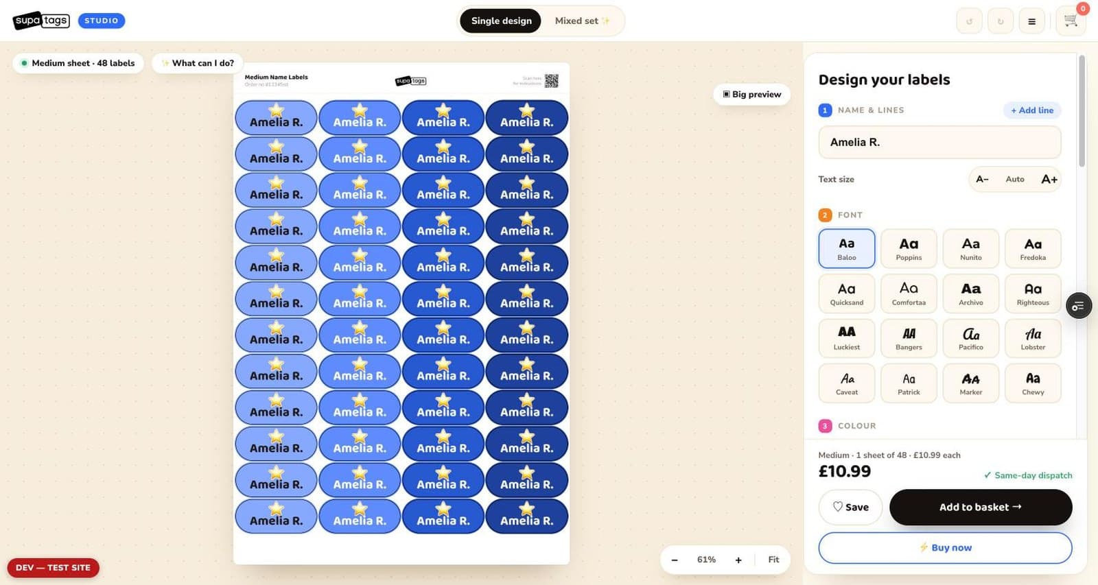 The design studio: a full sheet of forty-eight labels rendered live on the left, and a numbered rail on the right for the name, text size and a choice of sixteen fonts, with the sheet price and an add-to-basket button pinned beneath it.