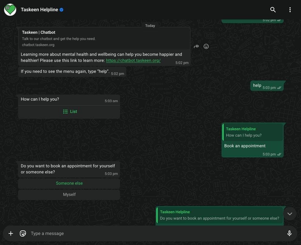 A reading path in the thread: a rich link card for the Taskeen chatbot at chatbot.taskeen.org with a one-line description, above the menu being recalled and a booking being started.