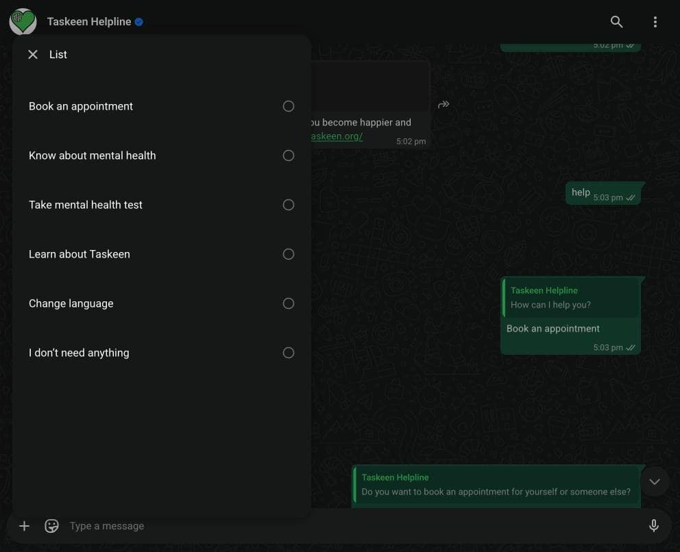 The bot’s list menu open over the thread, offering six options: book an appointment, know about mental health, take a mental health test, learn about Taskeen, change language, and I don’t need anything.