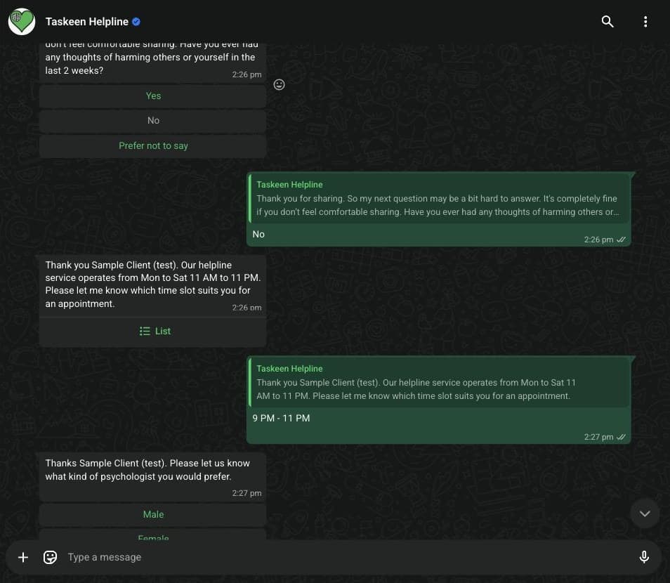 The risk screen inside the booking flow: a carefully prefaced question about thoughts of harming oneself or others in the last two weeks, answerable with yes, no or prefer not to say, followed by a prompt to choose a preferred time slot.