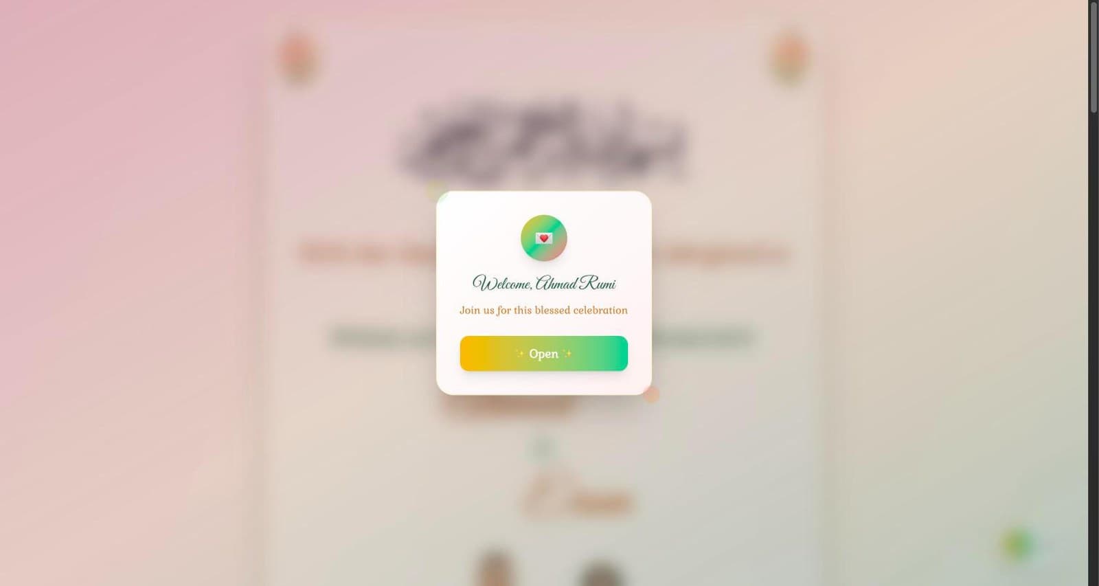 The invitation link opening: a small card greeting the guest by name with an invitation to join the celebration and a single button to open, over the closed invitation blurred behind it.