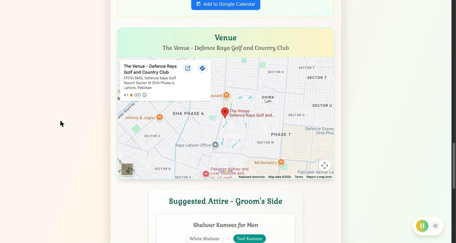 The logistics section: an add-to-Google-Calendar button, the venue named and pinned on an embedded map with its address and rating, and the beginning of the suggested attire for the groom’s side with colour chips.