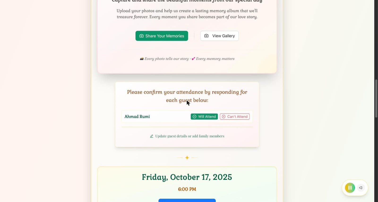 The RSVP block: a request to confirm attendance for each guest below, one named row with Will Attend and Can’t Attend buttons, a link to update guest details or add family members, and the event date beneath.