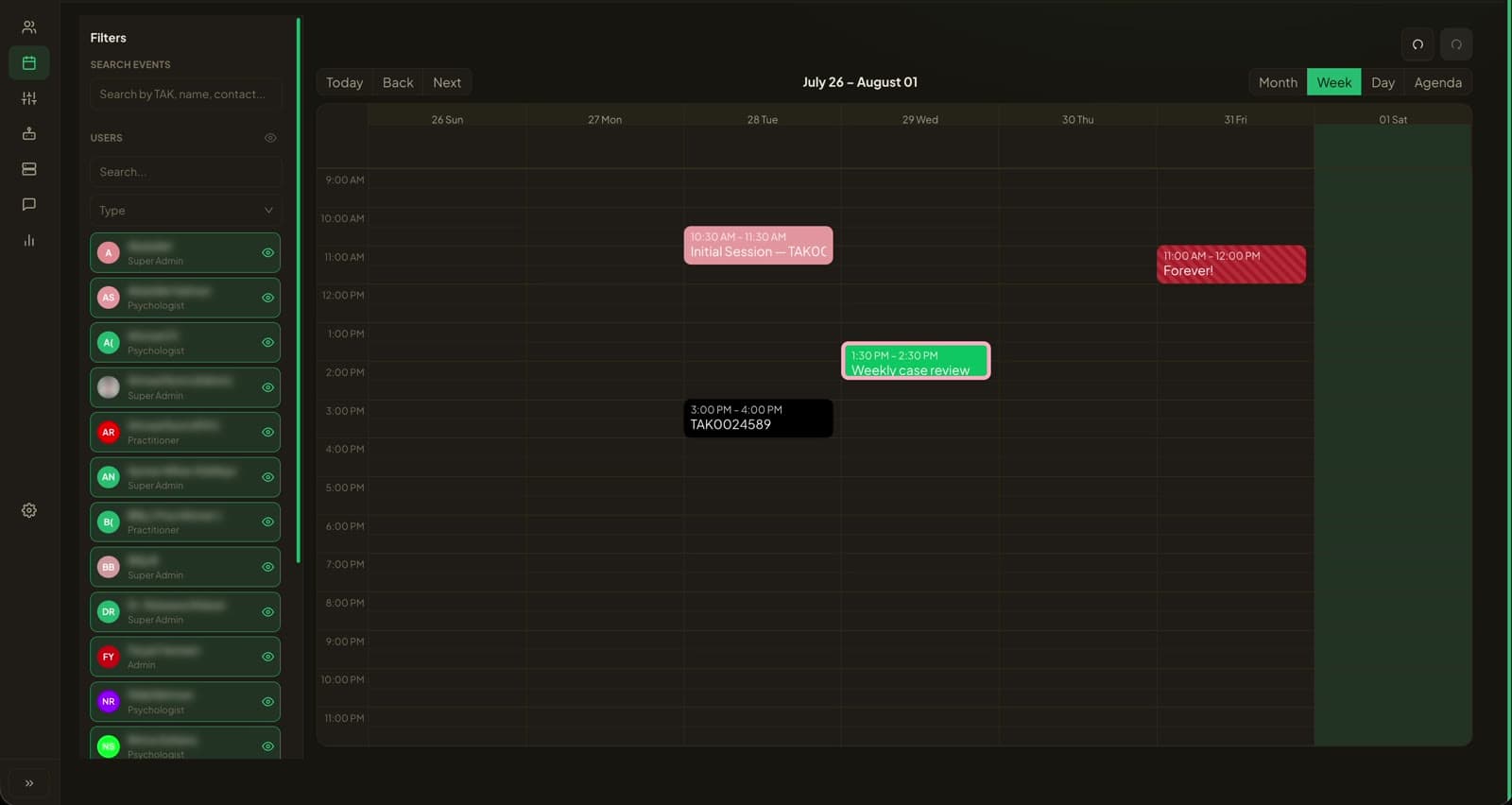 The sessions calendar in week view with the workspace nav collapsed: month, week, day and agenda controls, and appointments colour-coded by type — an initial session, an internal case review and a follow-up sitting on the same grid. The clinician roster names are blurred; their roles remain legible.