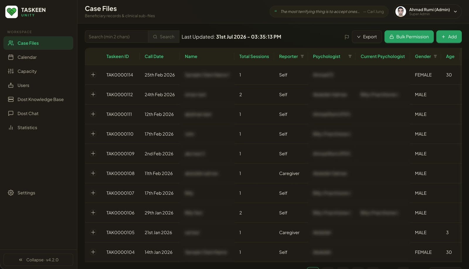 The beneficiary register in dark mode, one row per case, carrying Taskeen ID, call date, session count, reporter, gender, age and session status. Beneficiary names and both psychologist columns are blurred.