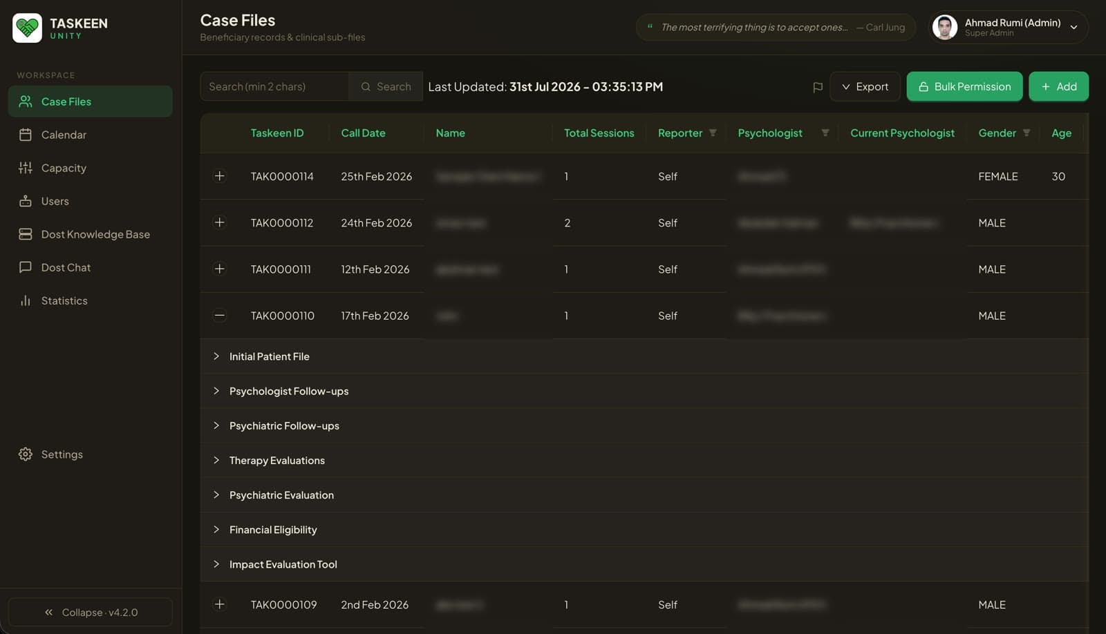 One case opened in the register to reveal all seven sub-file types beneath it: initial patient file, psychologist follow-ups, psychiatric follow-ups, therapy evaluations, psychiatric evaluation, financial eligibility and impact evaluation tool.